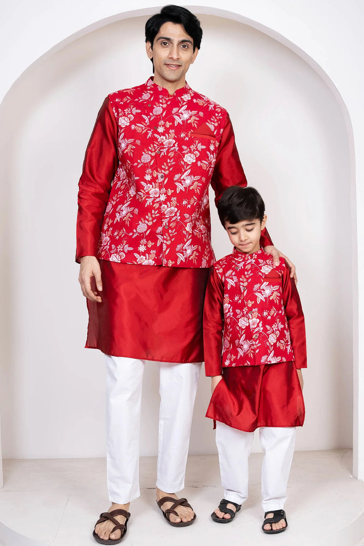 Maroon & White Floral Printed Cotton Father and Son Twin Set