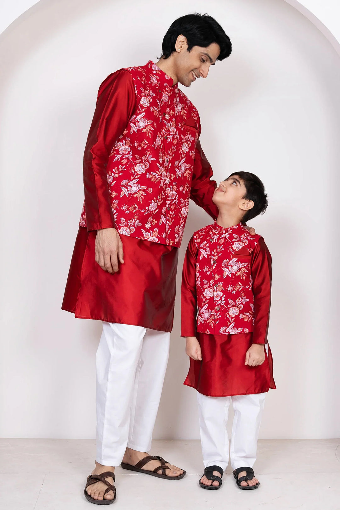 Maroon & White Floral Printed Cotton Father and Son Twin Set