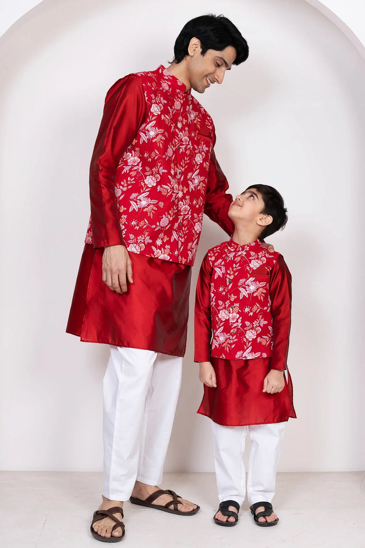 Maroon & White Floral Printed Cotton Father and Son Twin Set
