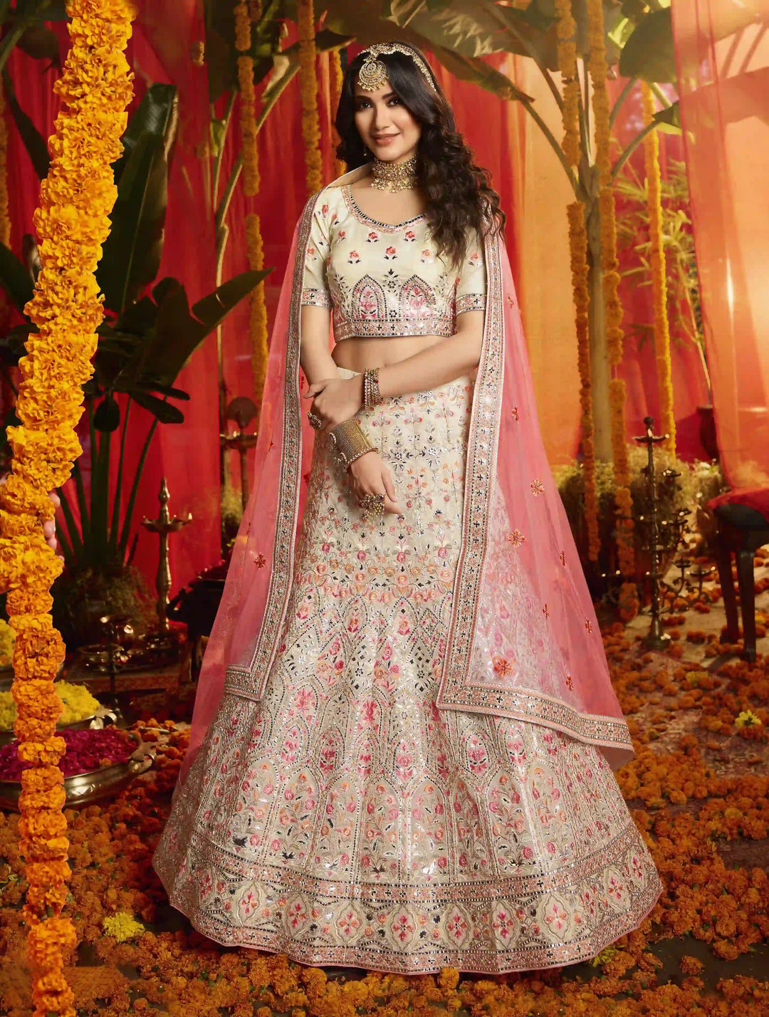 Off-White Organza Lehenga Choli Set | Indian Lehenga Choli for Women