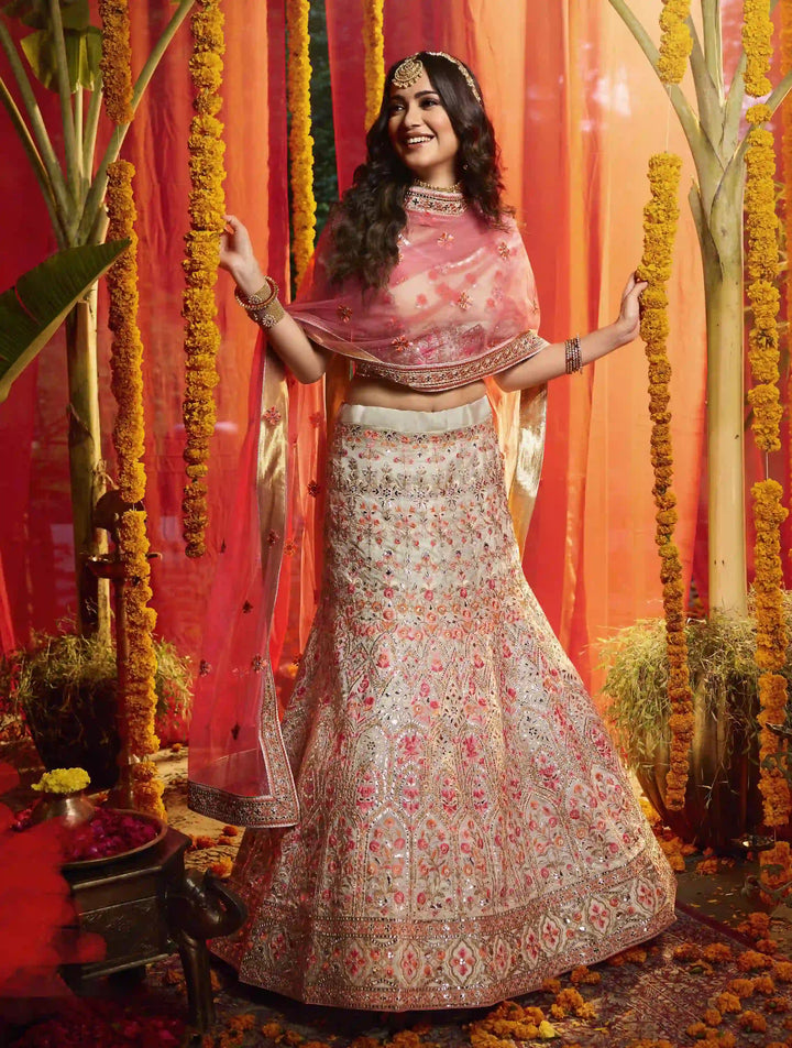 Off-White Organza Lehenga Choli Set | Indian Lehenga Choli for Women