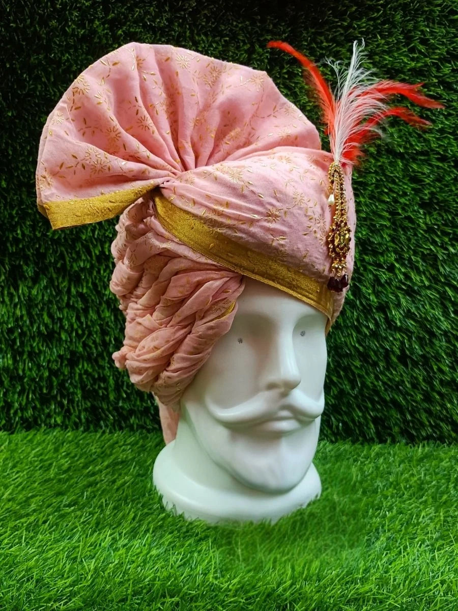 Stylish Pink Wedding Safa | Groom’s Headwear with Decorative Gold Work
