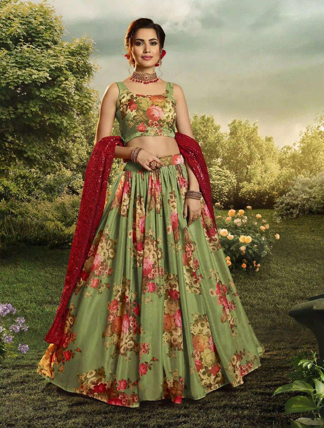 Pista Green Organza Casual Lehenga Choli | Floral Print with Dupatta