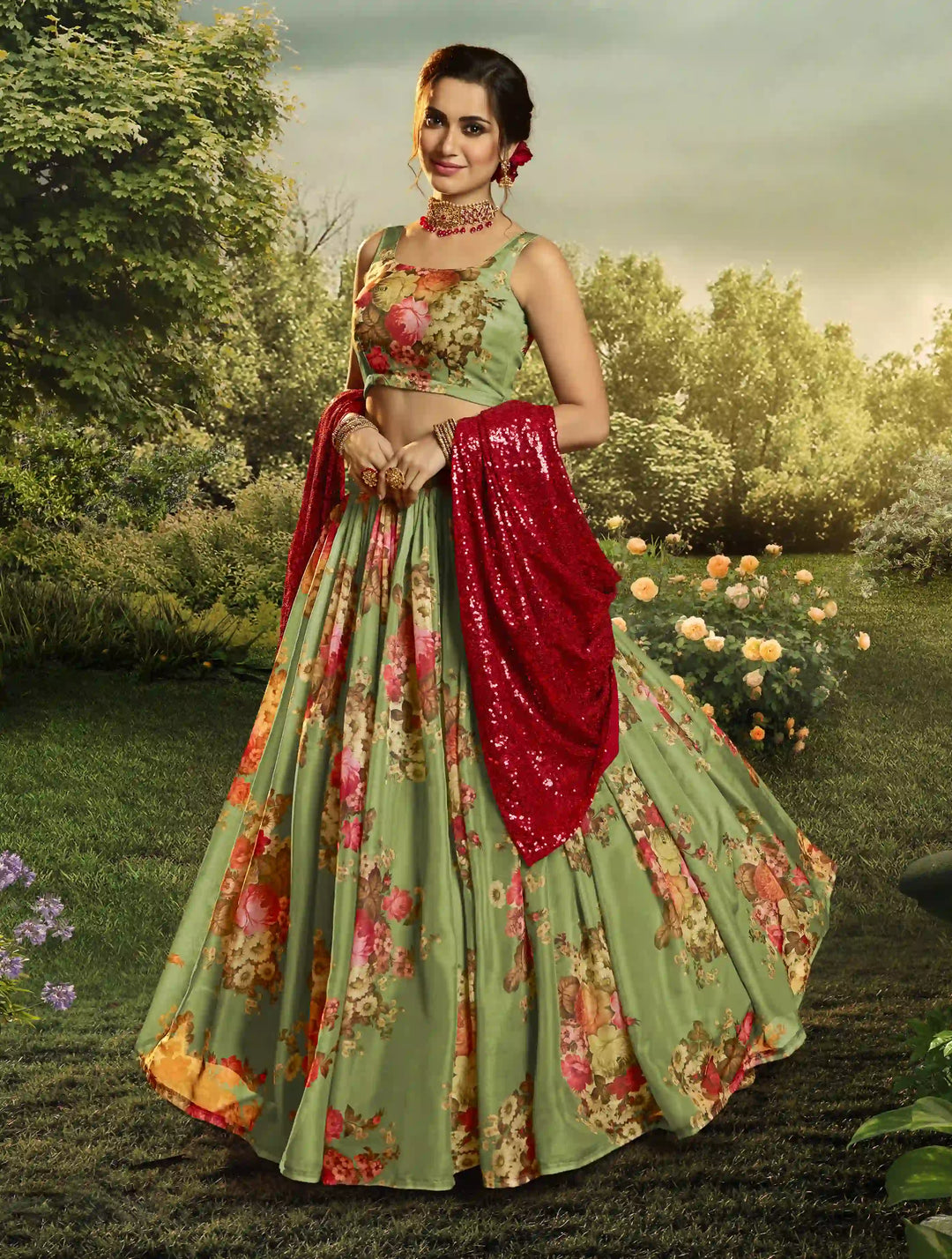 Pista Green Organza Casual Lehenga Choli | Floral Print with Dupatta