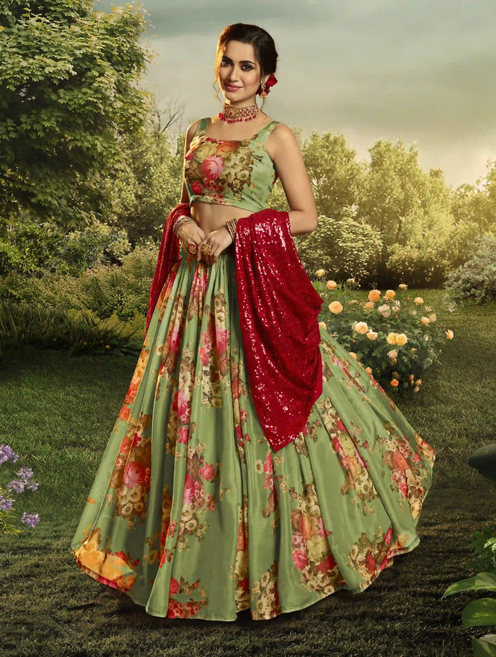 Pista Green Organza Casual Lehenga Choli | Floral Print with Dupatta