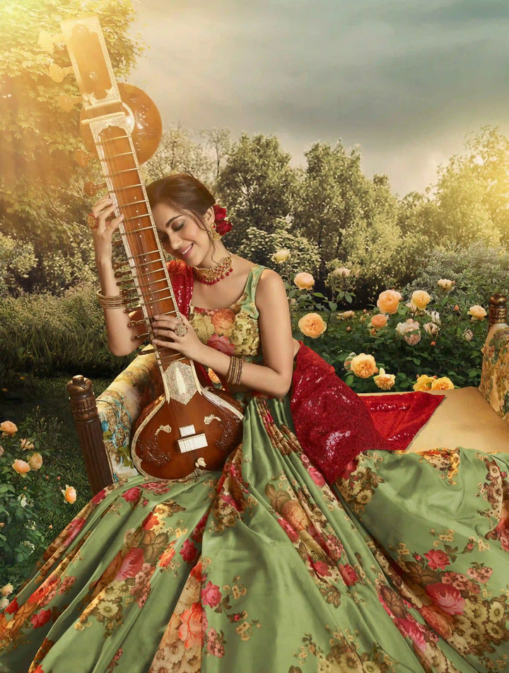 Pista Green Organza Casual Lehenga Choli | Floral Print with Dupatta