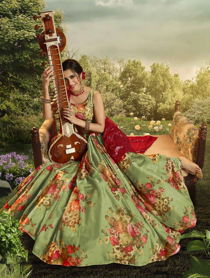 Pista Green Organza Casual Lehenga Choli | Floral Print with Dupatta
