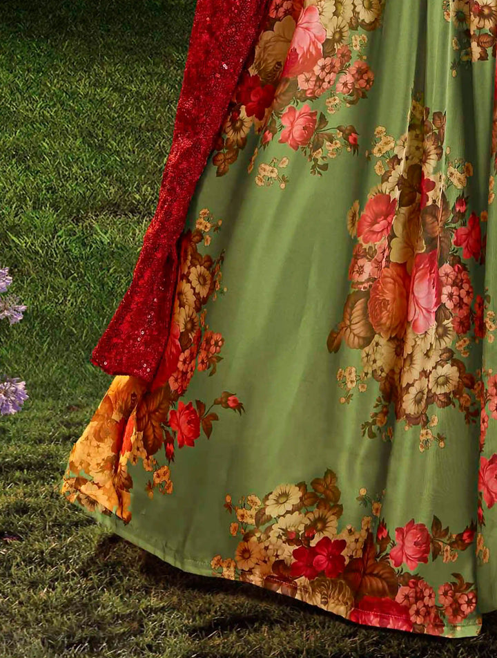 Pista Green Organza Casual Lehenga Choli | Floral Print with Dupatta