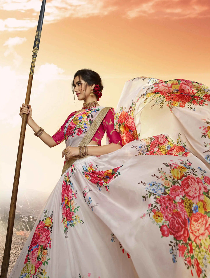 White Organza Partywear Lehenga Choli | Floral Print with Dupatta