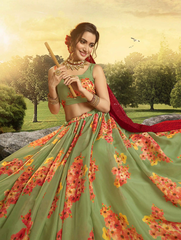 Mint Green Lehenga Choli Set | Floral Print Organza for Wedding & Party