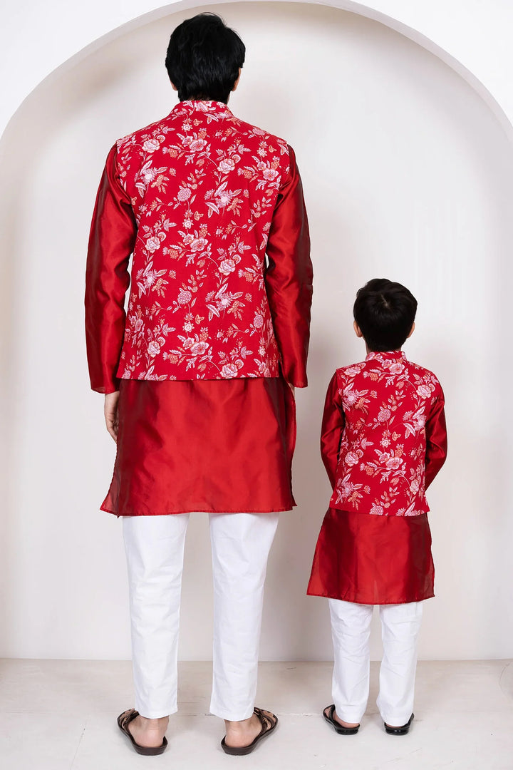 Maroon & White Floral Printed Cotton Father and Son Twin Set