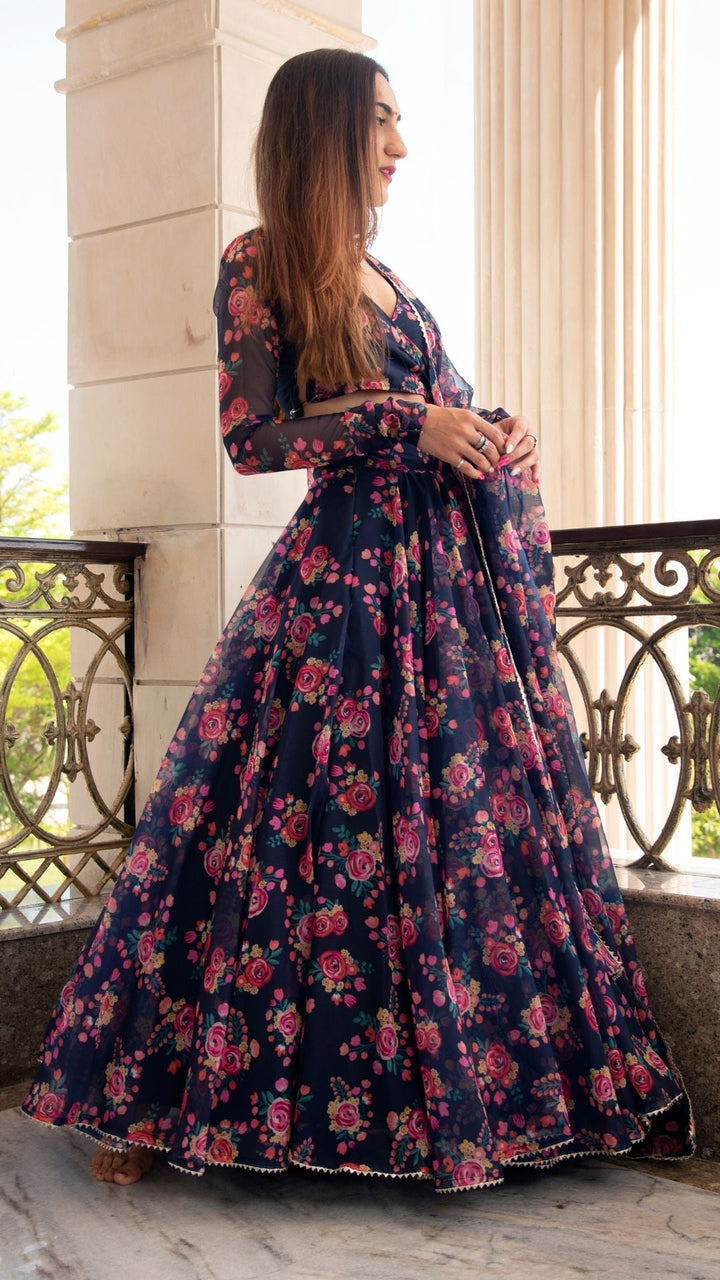 MAJARI BLUE ORGANZA LEHENGA SET - Pomcha Jaipur