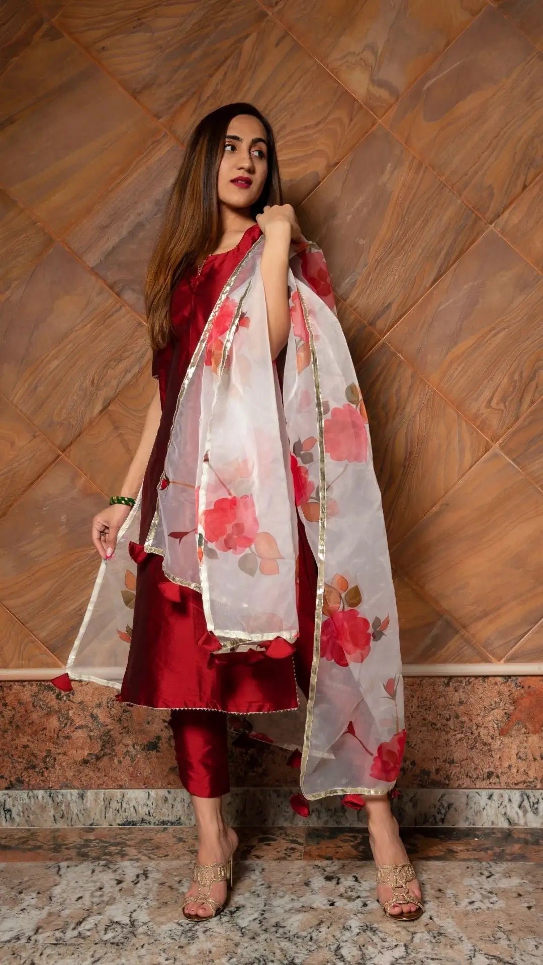 Maroon phool taffeta silk suit | with digital print organza dupatta set signature design