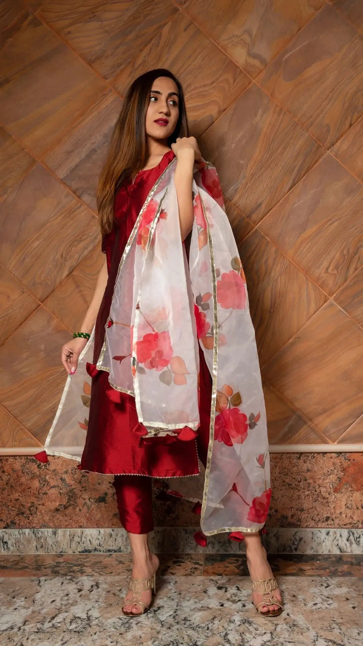 Maroon phool taffeta silk suit | with digital print organza dupatta set signature design