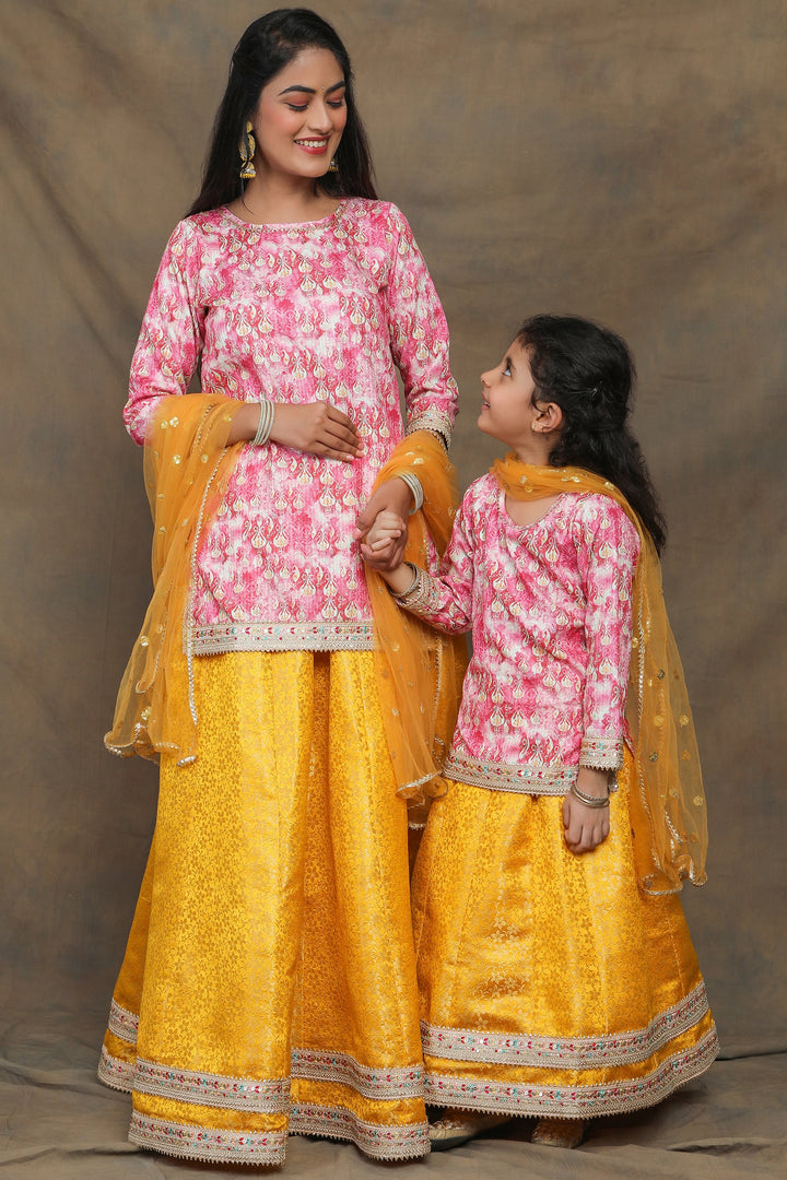 Sunny Yellow and Fuchsia floral Brocade Mother and Daughter Twin Set