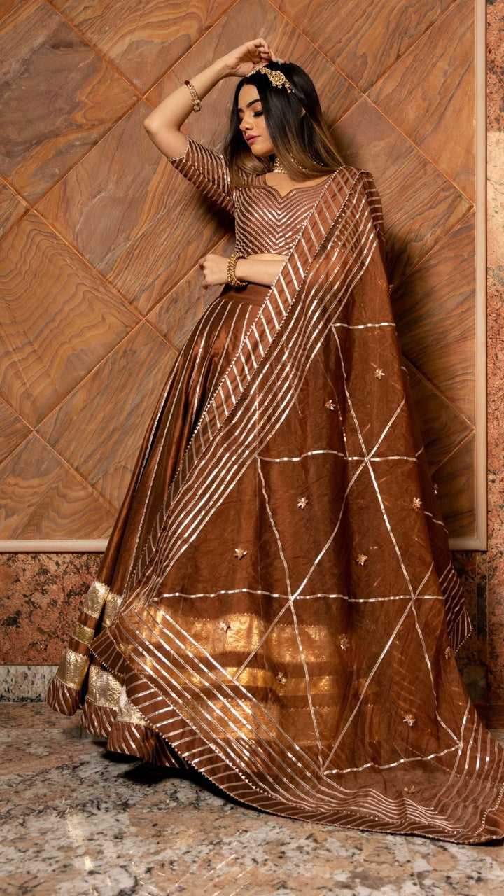 BANI THANI BROWN COTTON SILK LEHENGA SET - Pomcha Jaipur