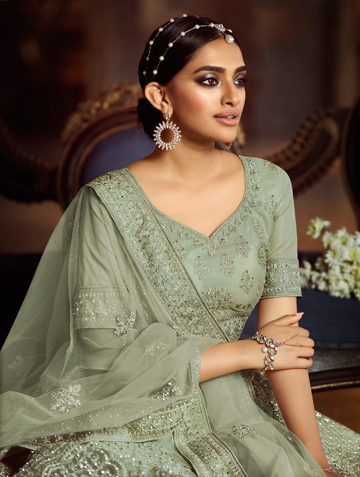 Pista Green Soft Net Lehenga with Dori and Zarkan Work | Elegant Wear