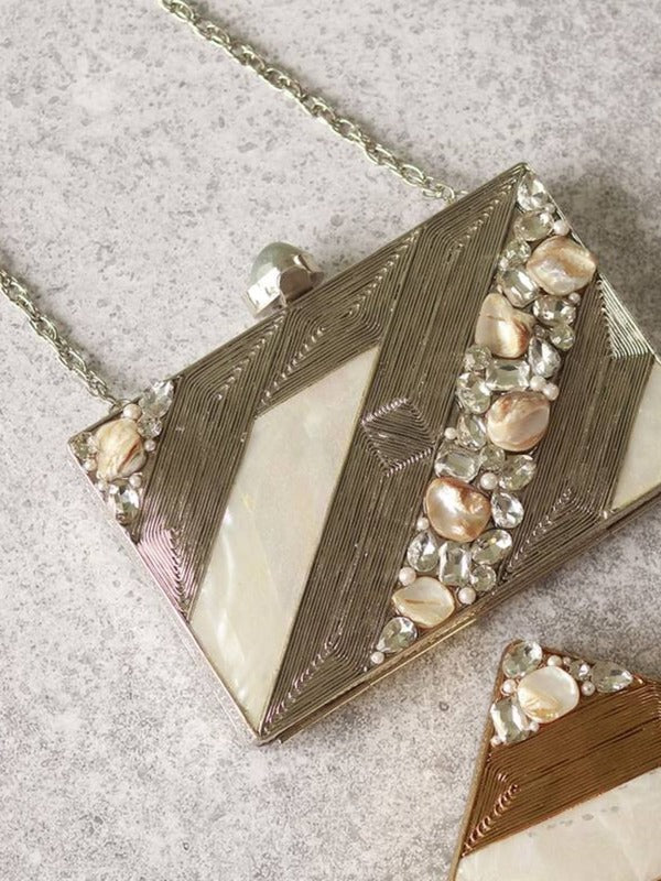 Aisha Embellished Mother of Pearl Clutch | Luxurious Handcrafted Bag