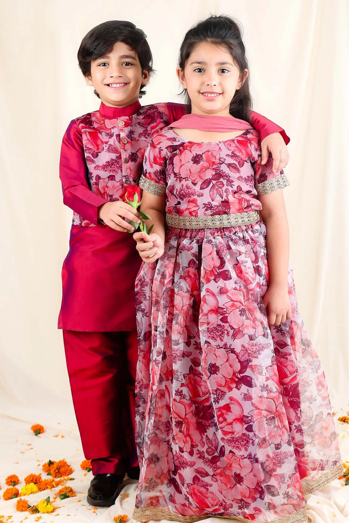 Maroon Floral Organza Matching Lehenga Choli and Kurta Pajama for Brother and Sister