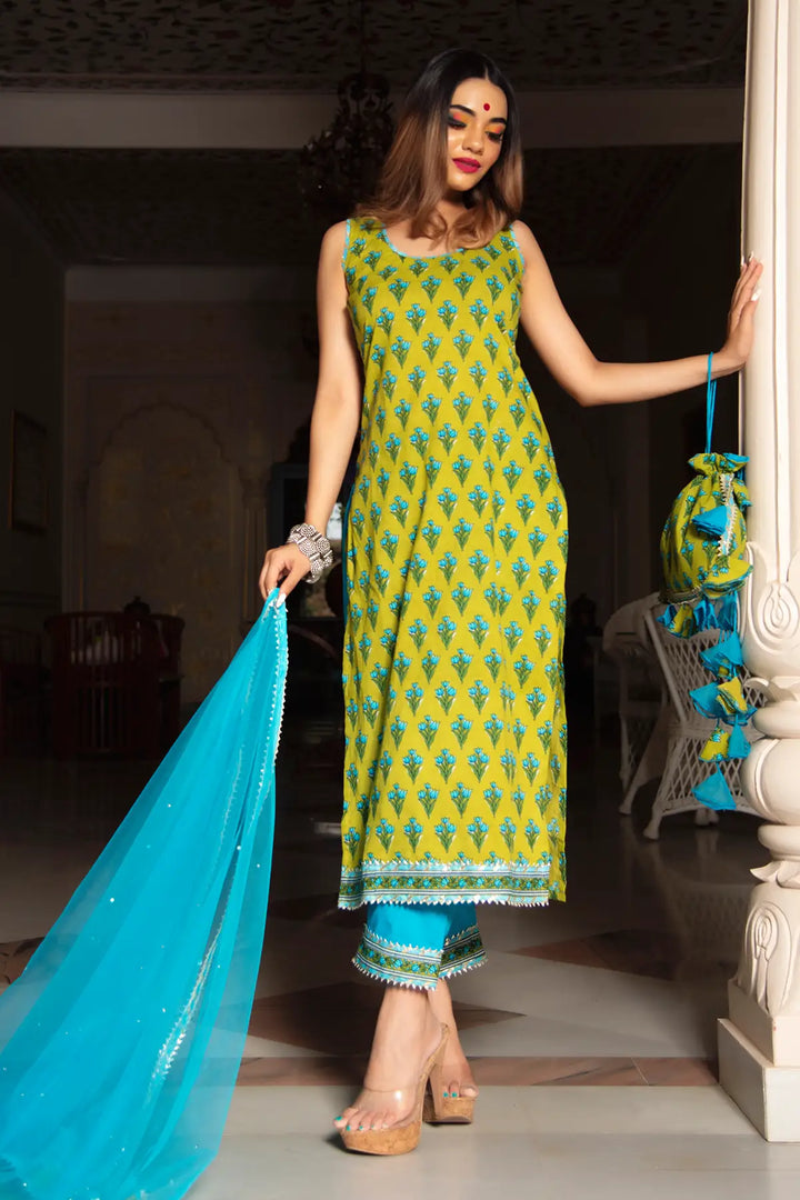 Gulzar Lime & Sky Blue Hand Block Cotton Kurta Suit Set | Organza Dupatta