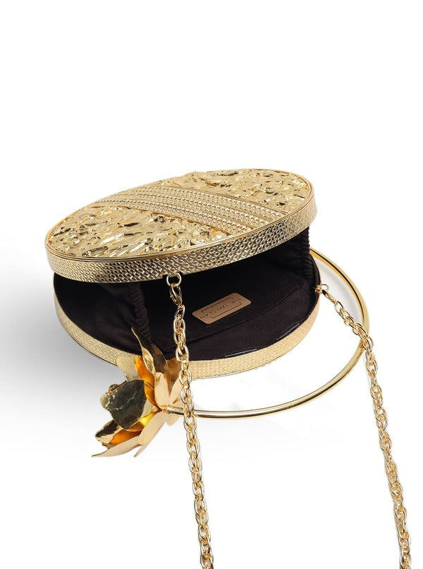Naaz Embellished Mother of Pearl Clutch | Elegant Brass Flower Handle Bag