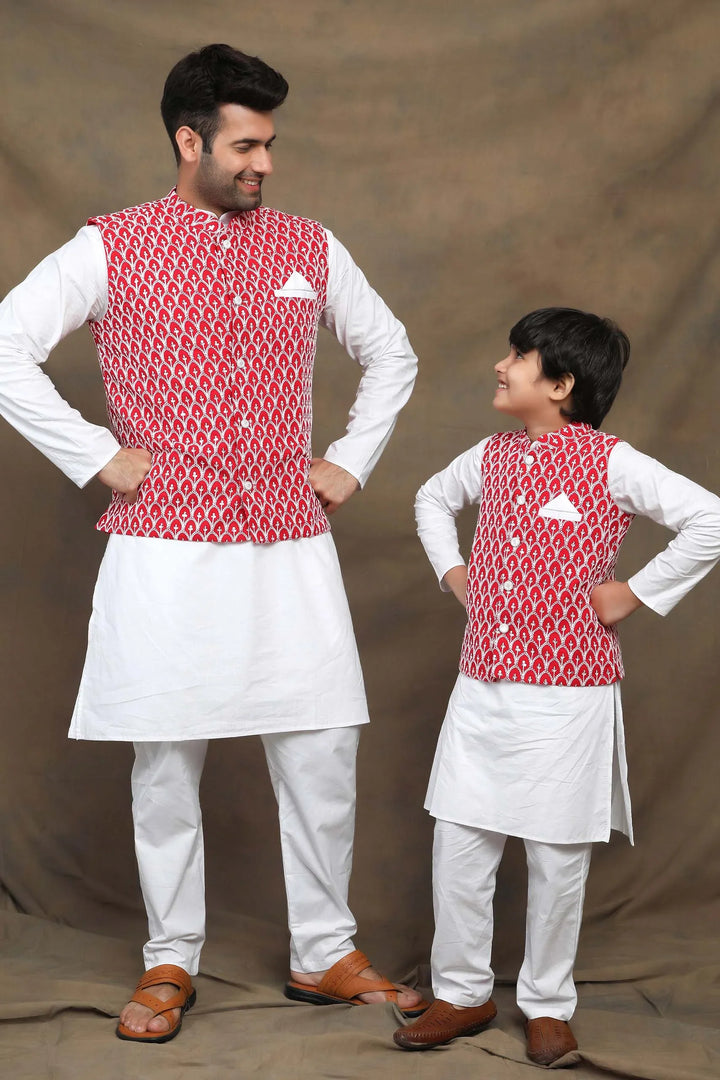 Embroidered Father and Son Matching Outfit in Fuchsia and White threadwork