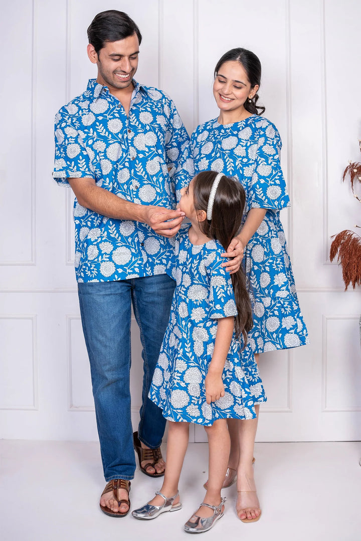 Blue Floral Printed Dress With Matching Shirt Family set