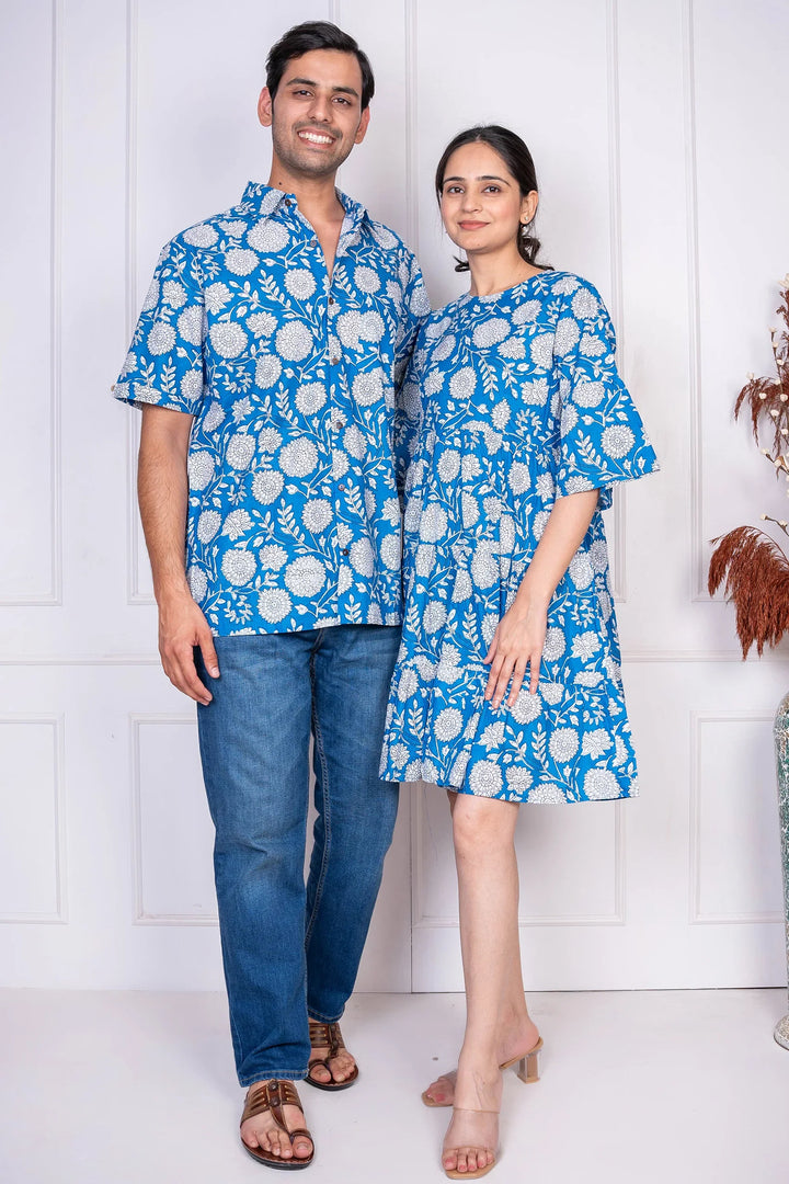 Blue Floral Printed Dress With Matching Shirt Couple Twin Set