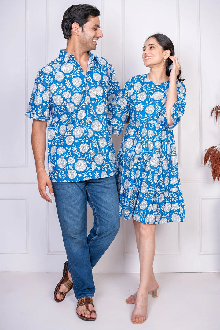 Blue Floral Printed Dress With Matching Shirt Couple Twin Set