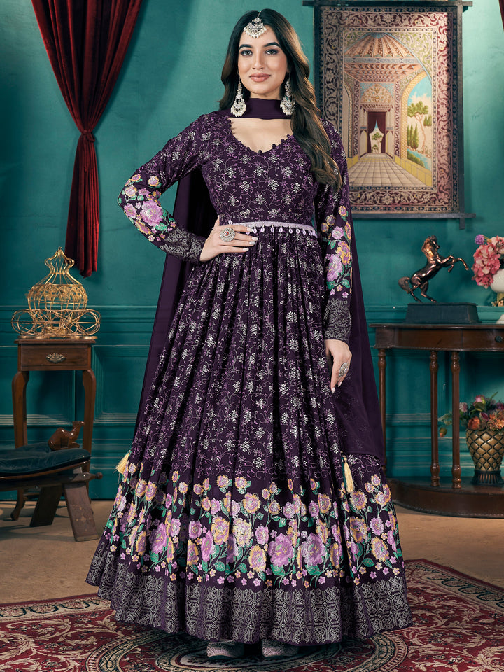 Stunning Purple Foil Printed Georgette Wedding Gown With Dupatta