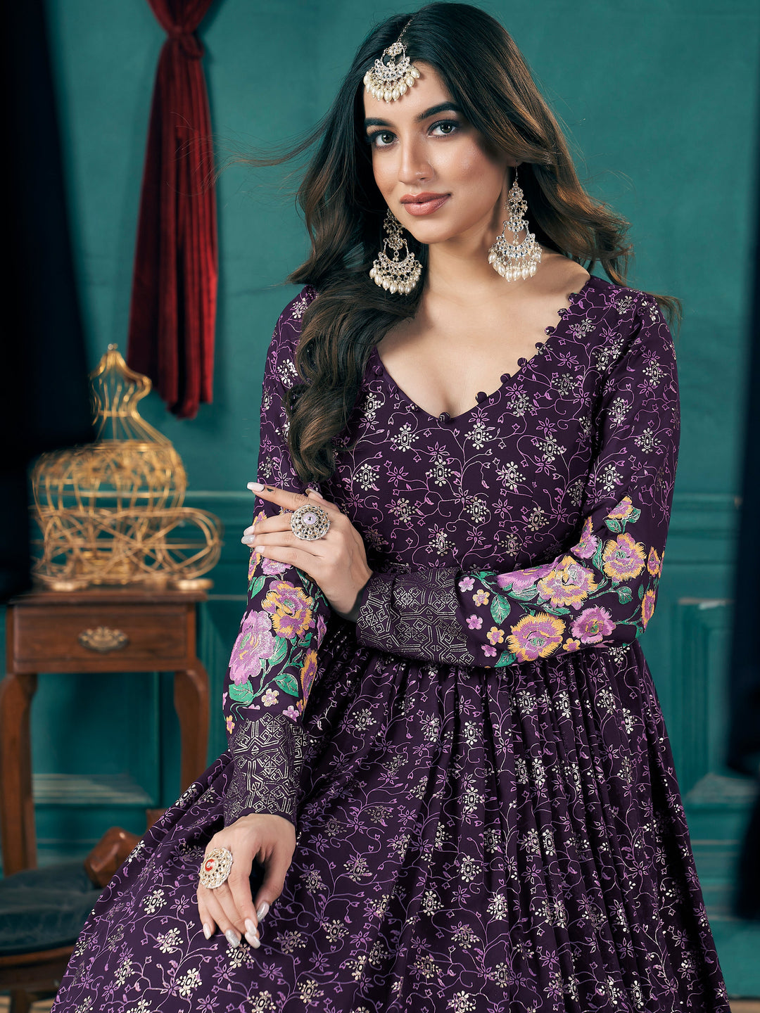 Stunning Purple Foil Printed Georgette Wedding Gown With Dupatta