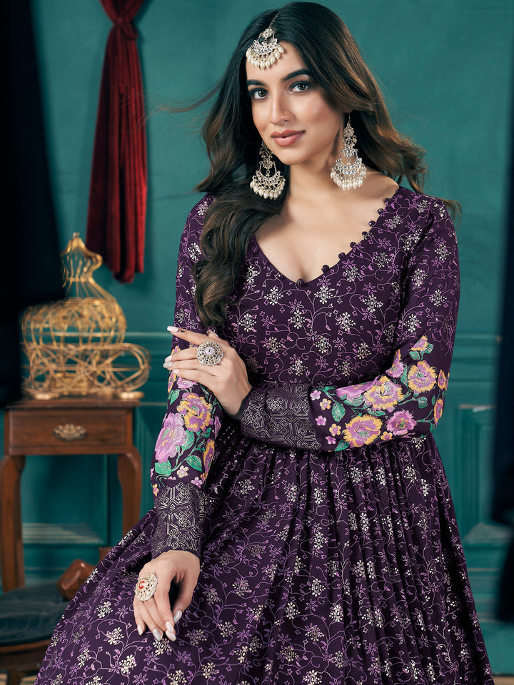 Stunning Purple Foil Printed Georgette Wedding Gown With Dupatta