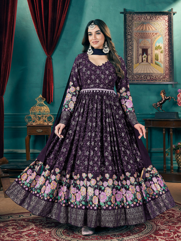 Stunning Purple Foil Printed Georgette Wedding Gown With Dupatta