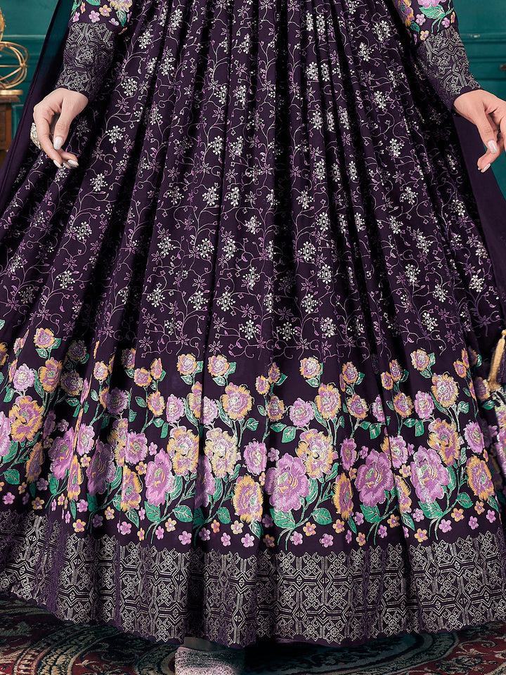 Stunning Purple Foil Printed Georgette Wedding Gown With Dupatta