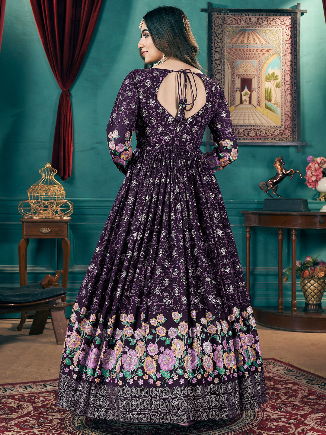 Stunning Purple Foil Printed Georgette Wedding Gown With Dupatta