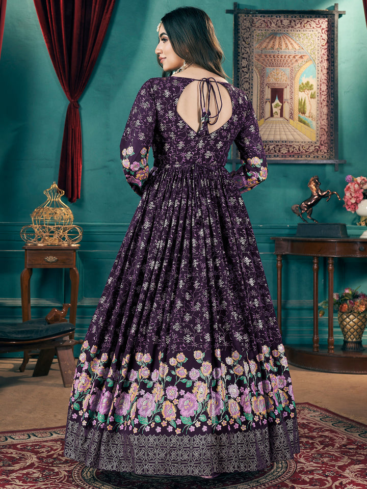 Stunning Purple Foil Printed Georgette Wedding Gown With Dupatta