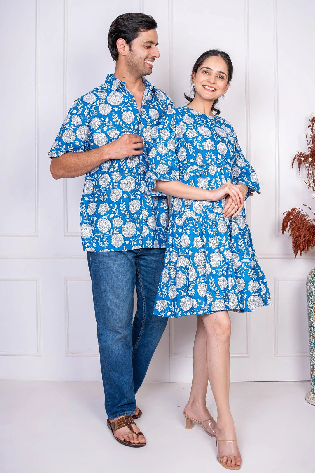 Blue Floral Printed Dress With Matching Shirt Couple Twin Set