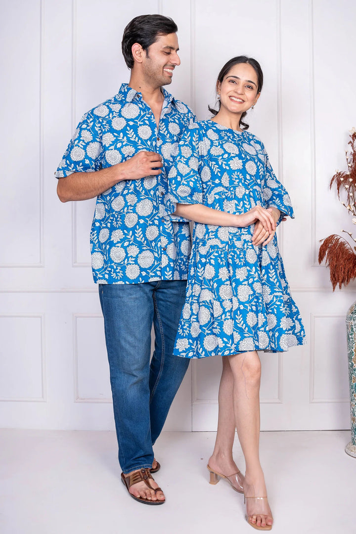 Blue Floral Printed Dress With Matching Shirt Couple Twin Set