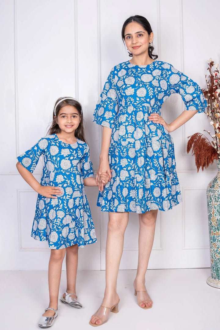 Breezy Blooms: Cotton Mommy & Me Dresses in Blue & White Floral