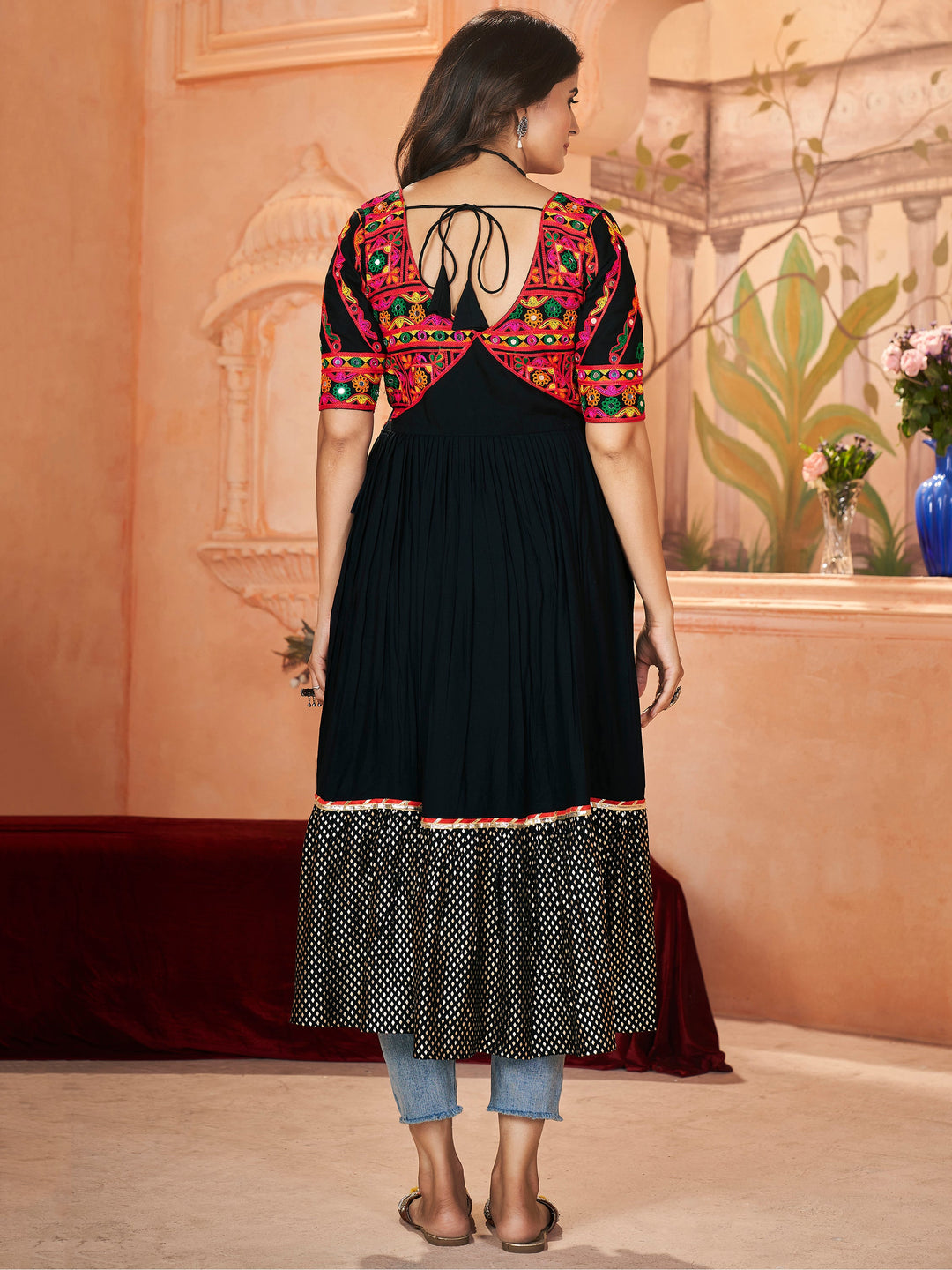 Astonishing Black Embroidered Rayon Navratri Wear Long Kurti