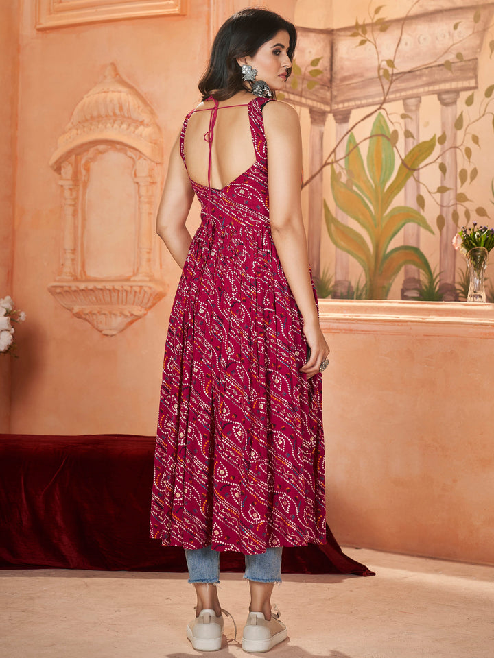 Incredible Rani Pink Embroidered Rayon Navratri Wear Long Kurti