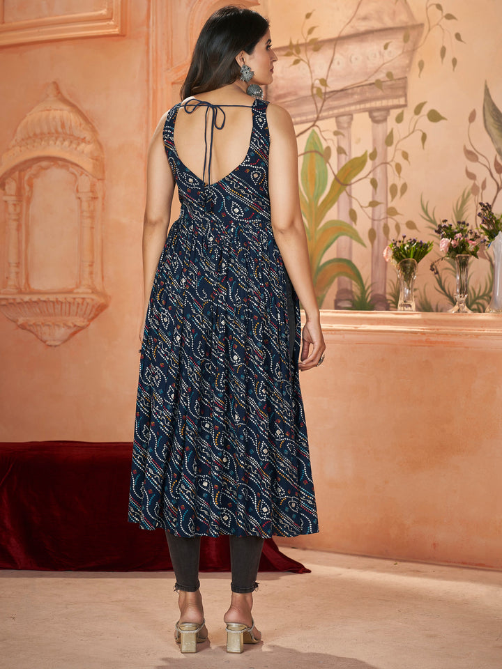 Marvelous Navy Blue Embroidered Rayon Navratri Wear Kurti
