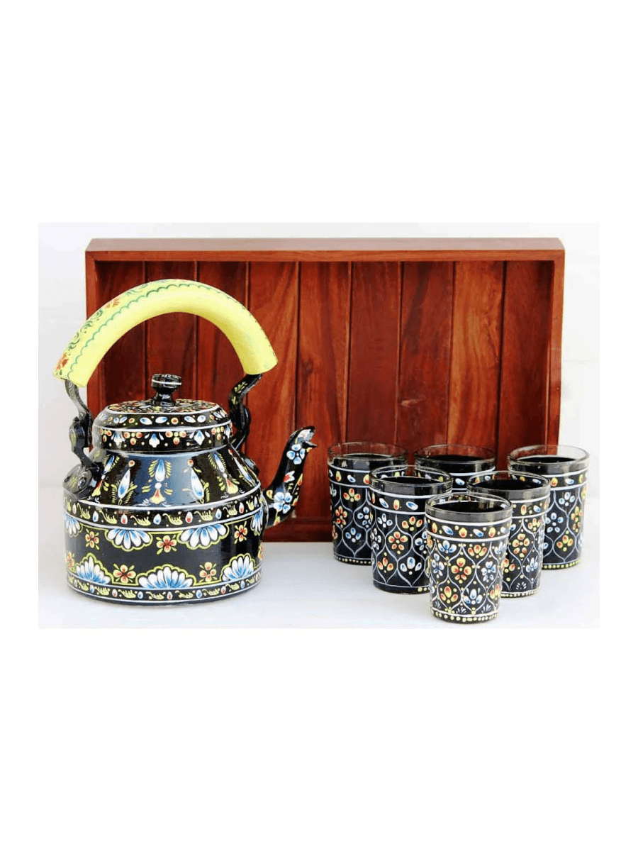 Meenakari Decorative Tea Kettle | 6 Glass Set with Wooden Tray
