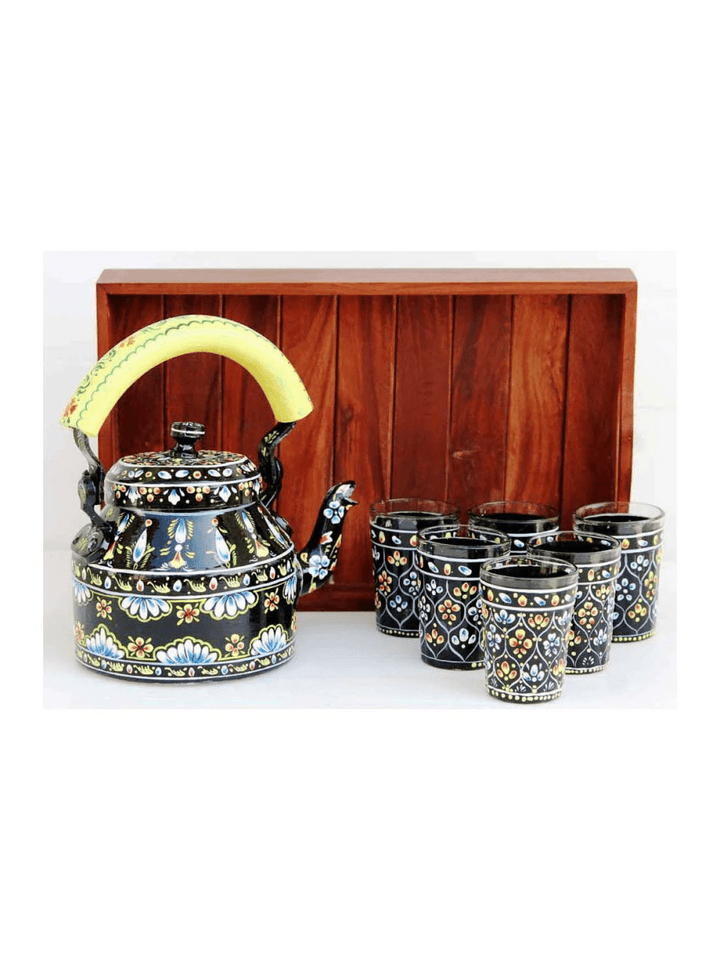 Meenakari Decorative Tea Kettle | 6 Glass Set with Wooden Tray