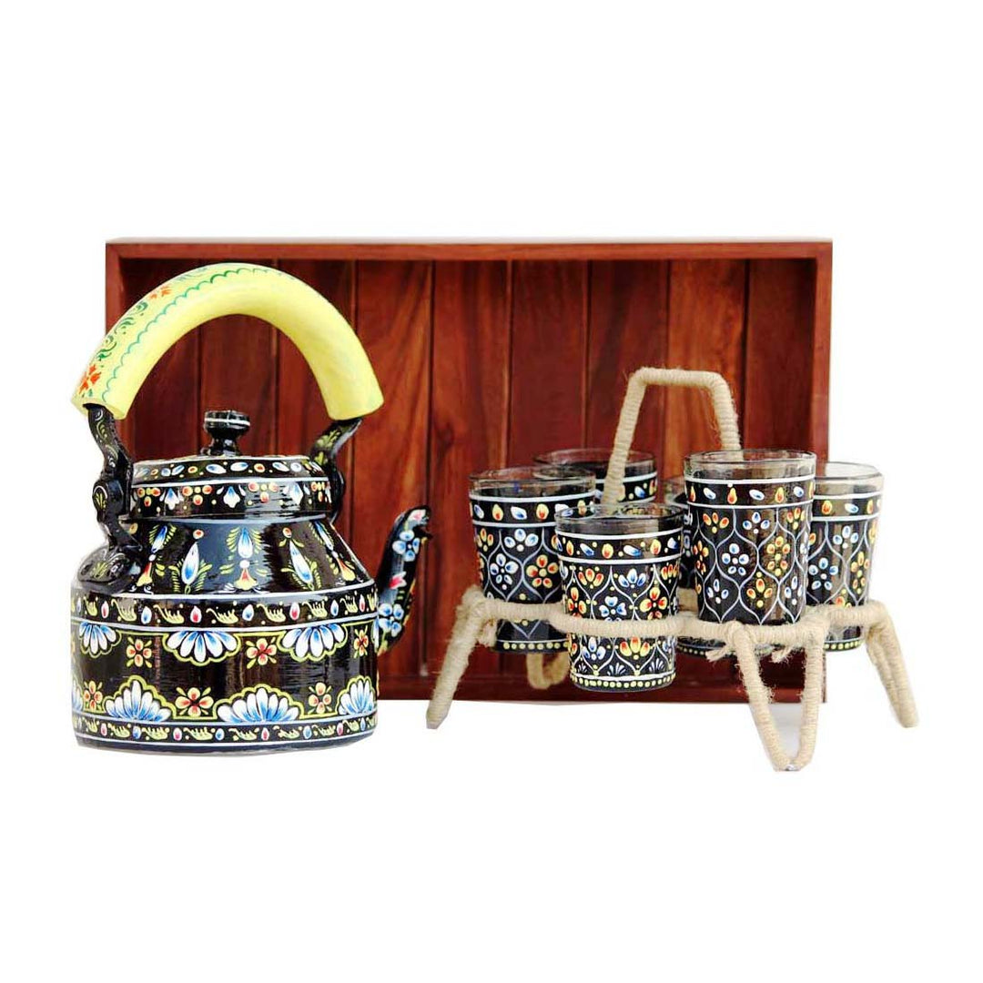 Meenakari Decorative Tea Kettle | 6 Glass Set with Wooden Tray