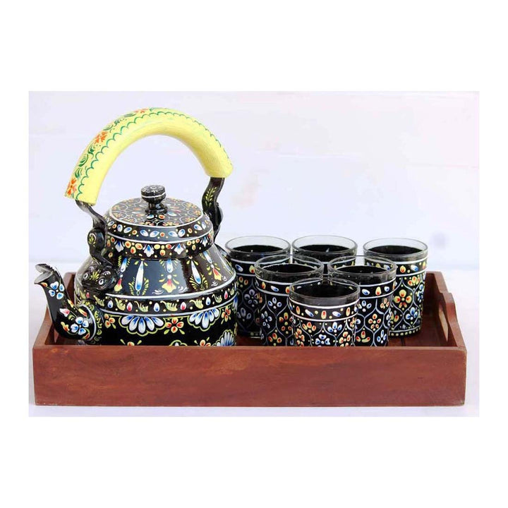 Meenakari Decorative Tea Kettle | 6 Glass Set with Wooden Tray