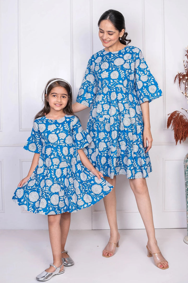 Breezy Blooms: Cotton Mommy & Me Dresses in Blue & White Floral