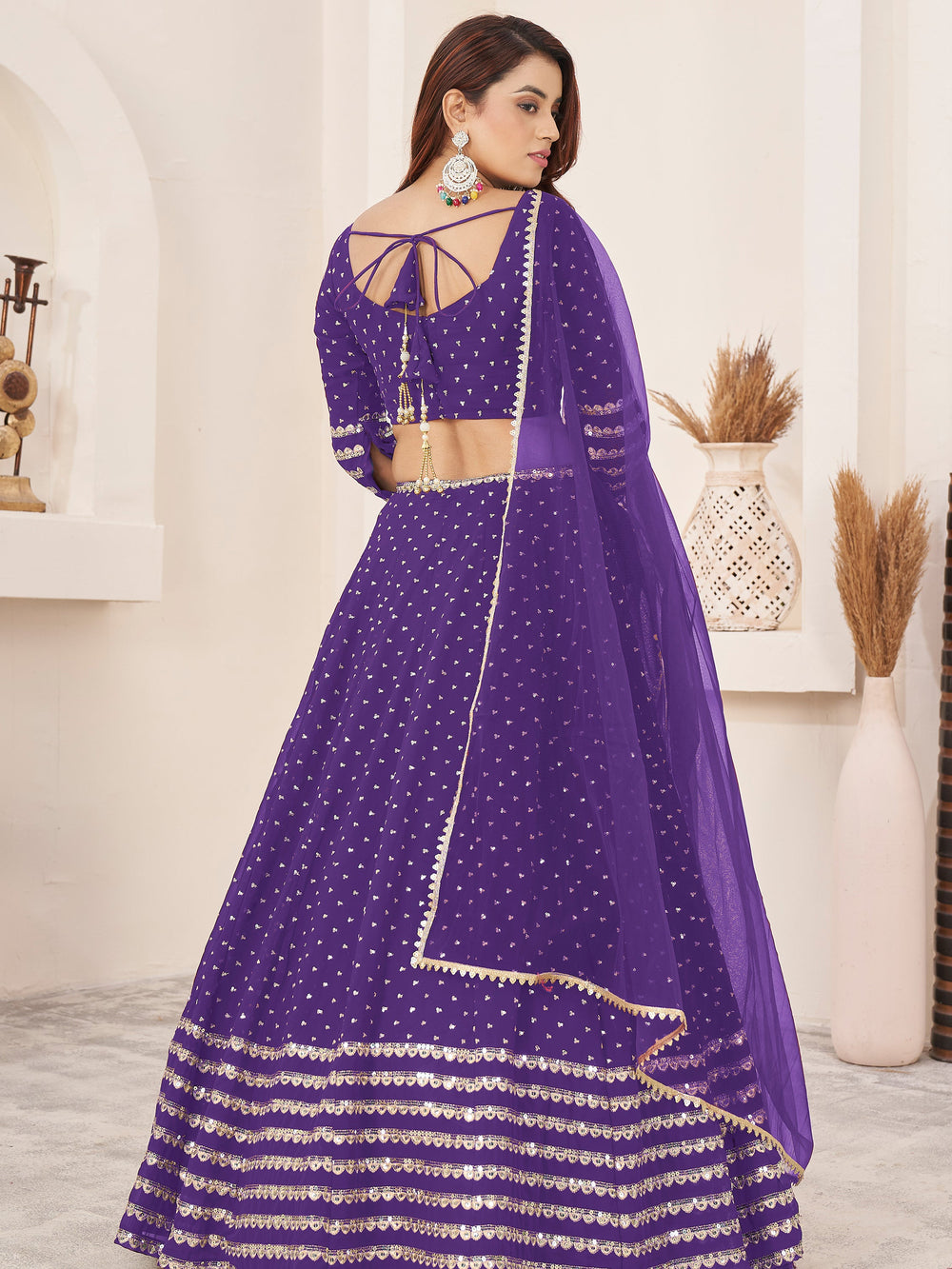 Fascinating Violet Sequins Georgette Engagement Wear Lehenga Choli