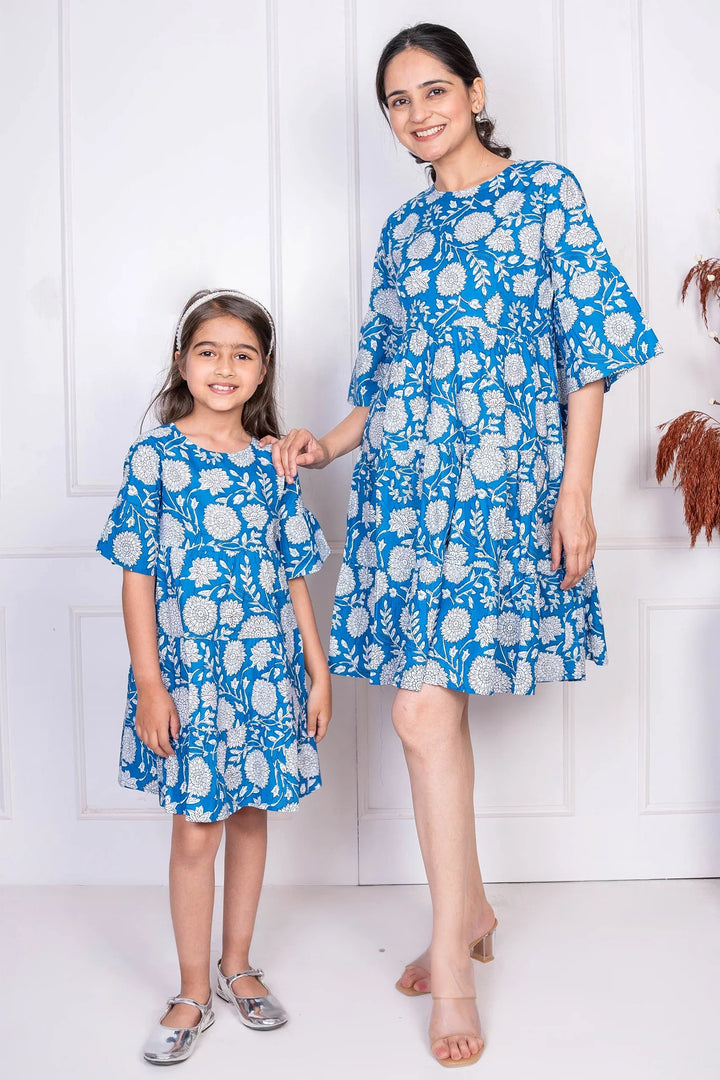 Breezy Blooms: Cotton Mommy & Me Dresses in Blue & White Floral
