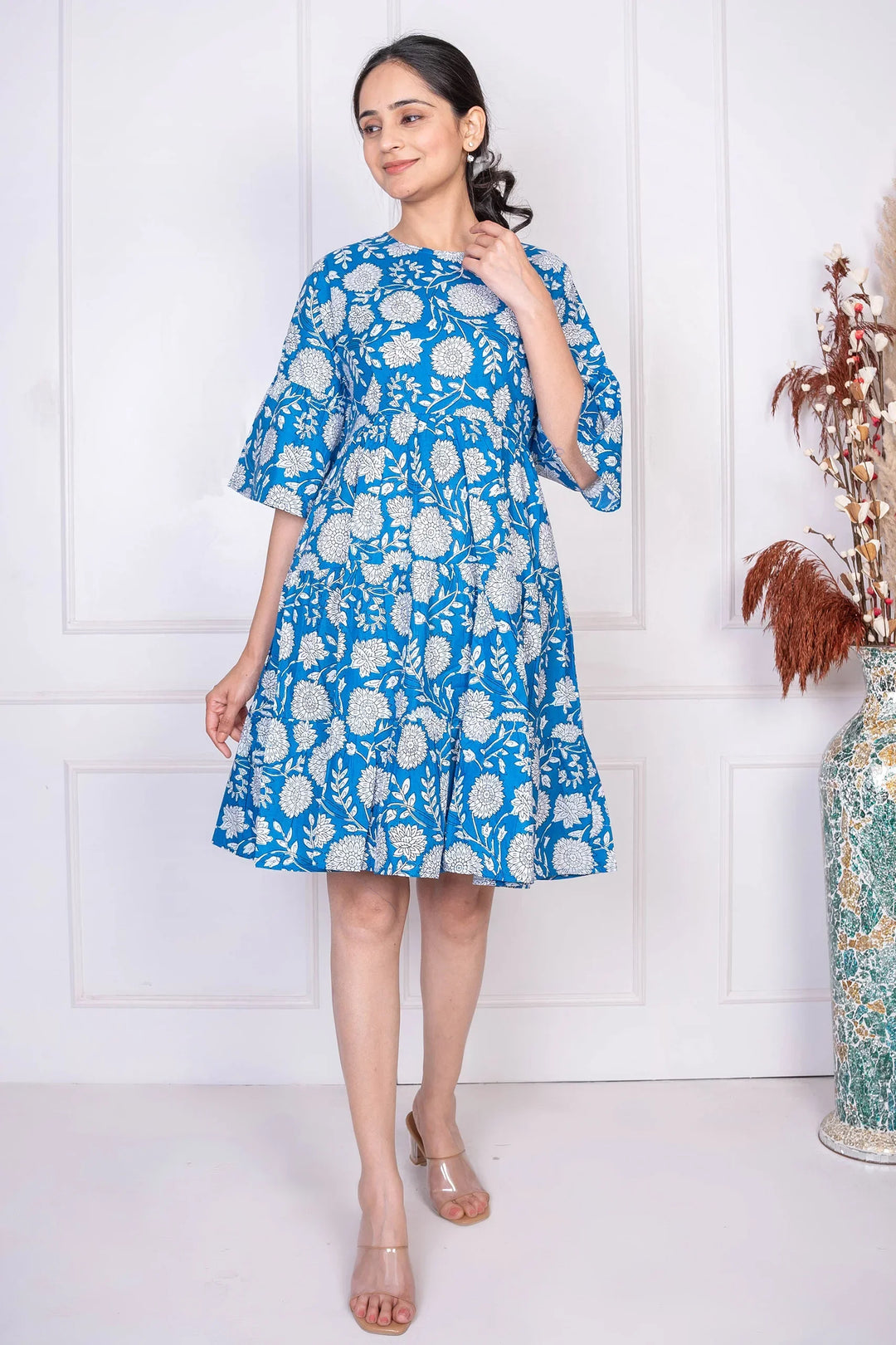 Breezy Blooms: Cotton Mommy & Me Dresses in Blue & White Floral